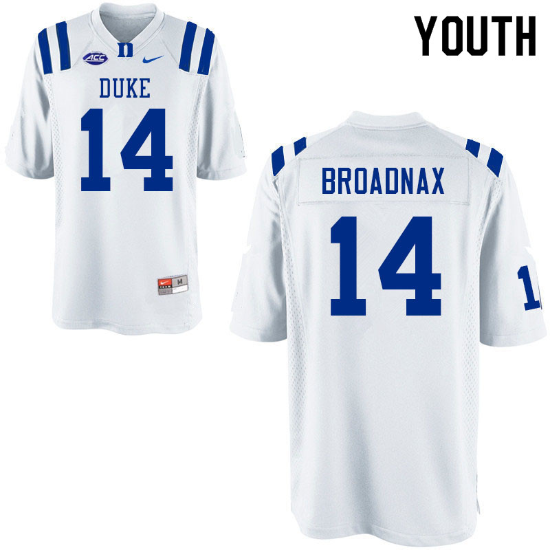 Youth #14 Trent Broadnax Duke Blue Devils College Football Jerseys Sale-White - Click Image to Close